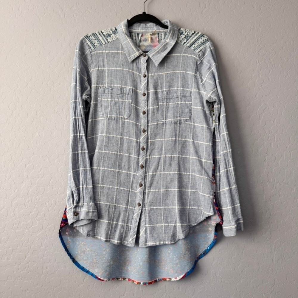 Aratta Anthro Blue Plaid Button Down Tunic Top Floral Patchwork Long Sleeve‎ M
